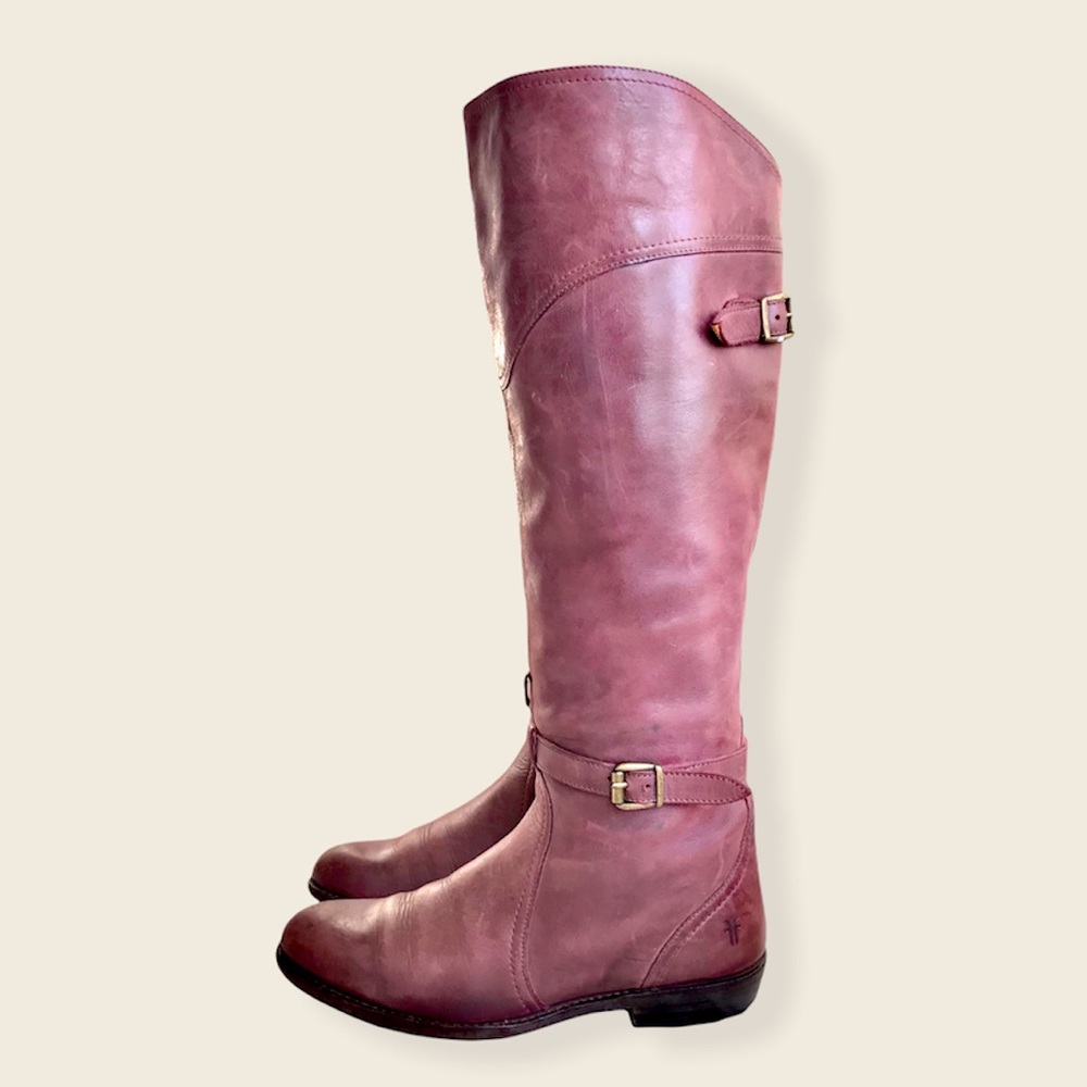 Frye Dorado Polished Genuine Leather Bordeaux/Light Red Knee High Riding Boots - Picture 9 of 16